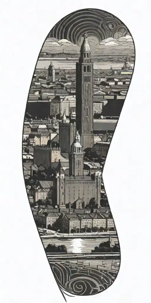 Stockholm city hall with focus on the tower and Also Stockholm stadium  tattoo design idea