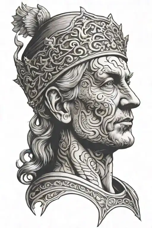 portrait of eric the patron saint of stockholm, clocktower of stockholm stadion as well as city hall of stockholm  tattoo design idea