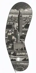 Stockholm city hall with focus on the tower and Also Stockholm stadium  tattoo design idea