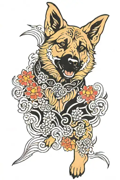 china pattern 9 tailed german shepherd dog tattoo design idea