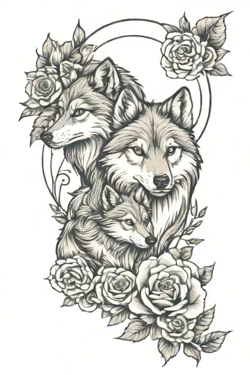 grown wolf and baby wolf blended by roses tattoo design idea