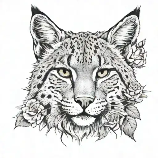 Make me the half-profile face of an Iberian lynx, with a goldfinch (bird) in the background and roses surrounding it. tattoo design idea