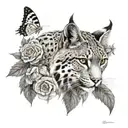 Make me an Iberian lynx, with a nature background, where you can see a goldfinch in the background and roses tattoo design idea