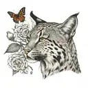 Make me an Iberian lynx, with a nature background, where you can see a goldfinch in the background and roses tattoo design idea
