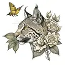 Make me an Iberian lynx, with a nature background, where you can see a goldfinch in the background and roses tattoo design idea