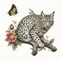 Make me an Iberian lynx, with a nature background, where you can see a goldfinch in the background and roses tattoo design idea