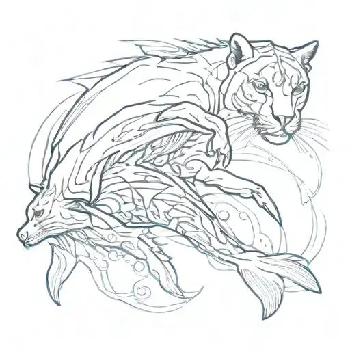 Dolphin and Cougar fight together tattoo design idea