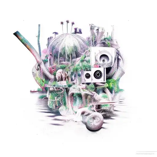 jungle, dj decks, big speakers tattoo design idea