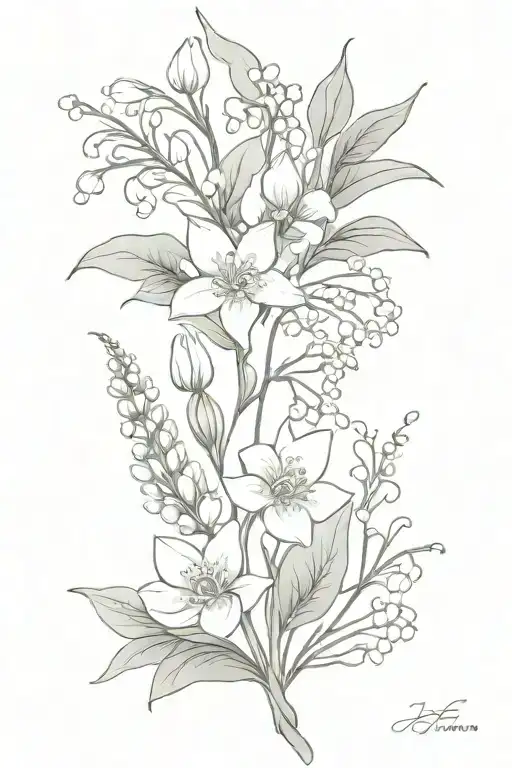 lily of the valley, daisy, holly flower, and water lily flower bouquet tattoo design idea