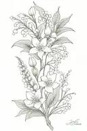 lily of the valley, daisy, holly flower, and water lily flower bouquet tattoo design idea