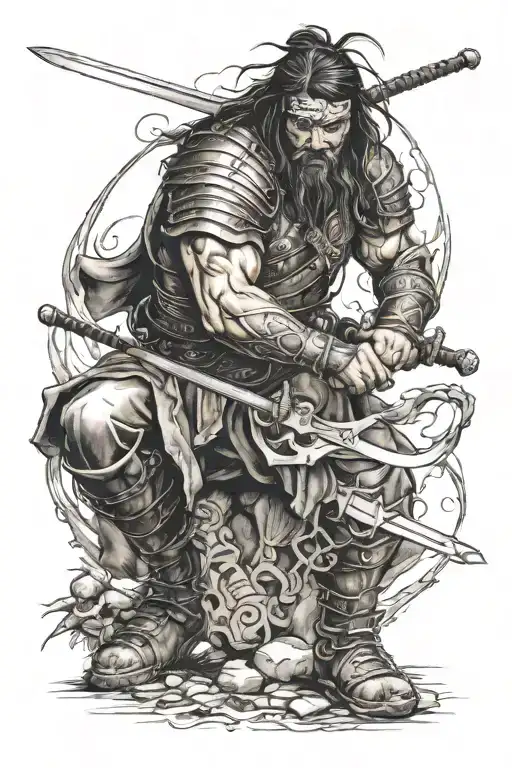 sitting warrior wielding a sword tattoo design idea