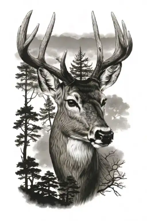 whitetail deer head with trees tattoo design idea