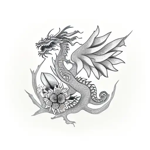tree with flowers birds Butterfly and Chinese dragon tattoo design idea