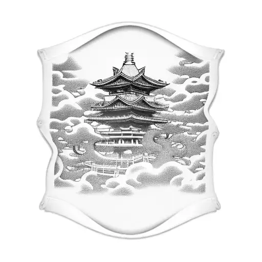 arm sleeve with a japanese temple on top, and on the bottom a samurai in his horse fighting a japanese demon tattoo design idea