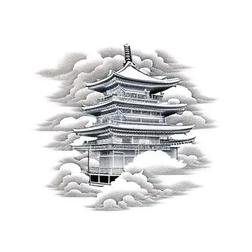 japanese temple surrounded by clouds tattoo design idea