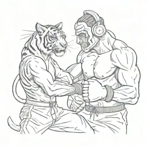 A boxer with headphones on, shadow boxing with a white tiger in the background tattoo design idea