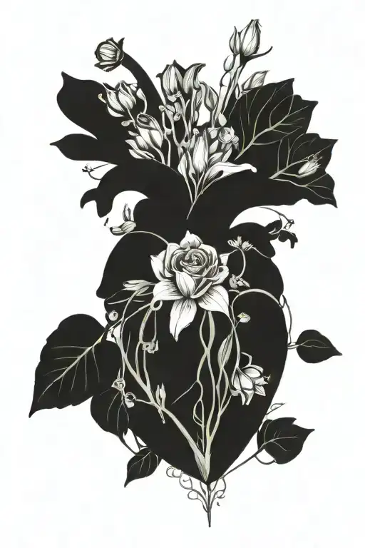 anatomical heart with flowers coming out of the valves - daffodil, daisy, lily of the valley, rose, morning glory  tattoo design idea
