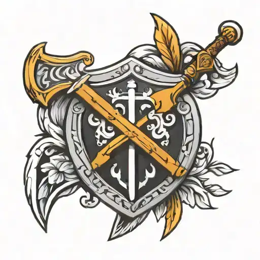 greek theme shield spear axe sword tattoo design idea