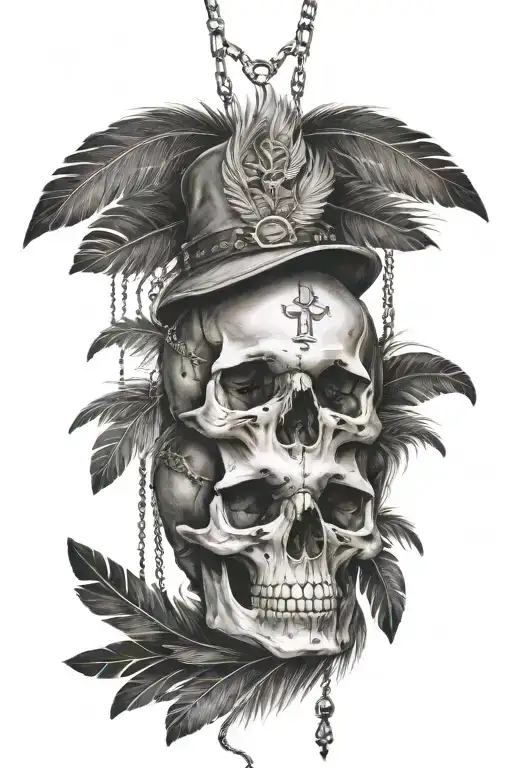 skull and feathers hanging tattoo design idea