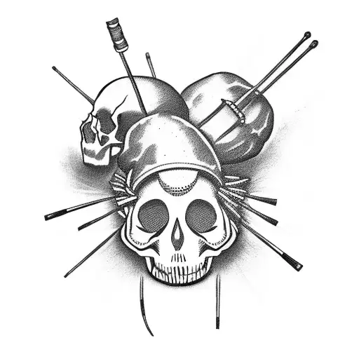 drum sticks and snare drum in skull tattoo design idea