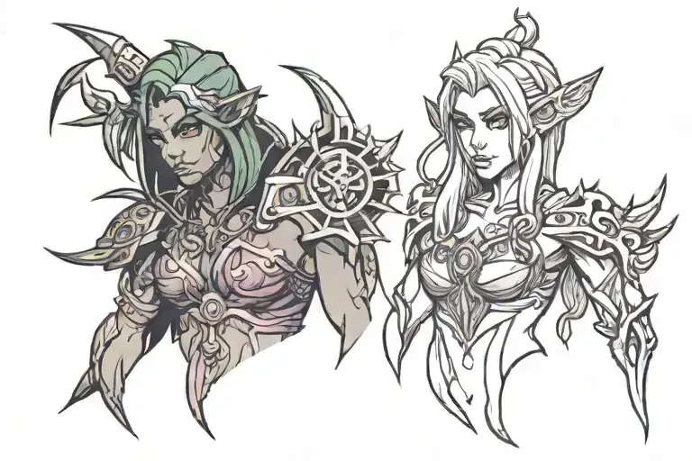 world of Warcraft chest tattoo. left side, life inspired, night elf female. right side, death and forsaken inspired tattoo design idea