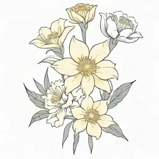 A minimalist design of a bouquet of flowers featuring carnation, daffodil, lily, Narcissus, chrysanthemum, and daisy tattoo design idea