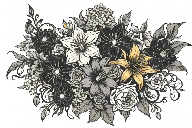 bouquet of flowers that has carnation, daffodil, lily, Narcissus, chrysanthemum and daisy flowers.  tattoo design idea