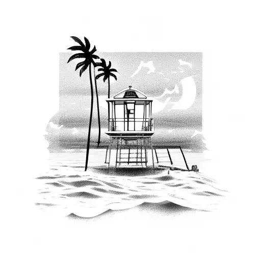 An intricate lifeguard tower surrounded by palm trees and ocean waves, capturing the essence of beach rescue tattoo design idea