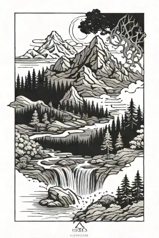 A detailed mountain landscape with a flowing river and lush forests, incorporating engineering symbols subtly throughout the design tattoo design idea