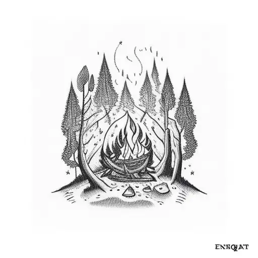 Forest with a campfire in the night with a deer skull tattoo design idea