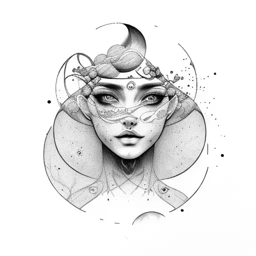 woman face with loose haur and planets arround her head tattoo design idea