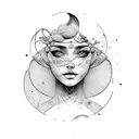 woman face with loose haur and planets arround her head tattoo design idea