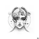 woman face with loose haur and planets arround her head tattoo design idea
