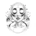 woman face with loose haur and planets arround her head tattoo design idea
