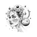 woman face with loose haur and planets arround her head tattoo design idea