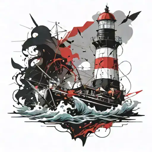 a boat in the sea crashes against a lighthouse tattoo design idea