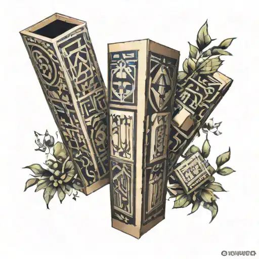 full arm tattoo of small boxes with greek styled motives around them tattoo design idea