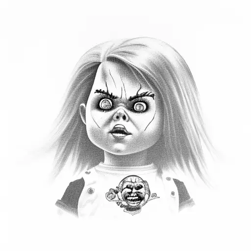 A sinister portrait of Chucky's wife in a haunting style tattoo design idea