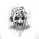 A creepy collage featuring Freddy Krueger, Michael Myers, Jason Voorhees, Ghostface, Jigsaw, Annabelle, and Chucky tattoo design idea