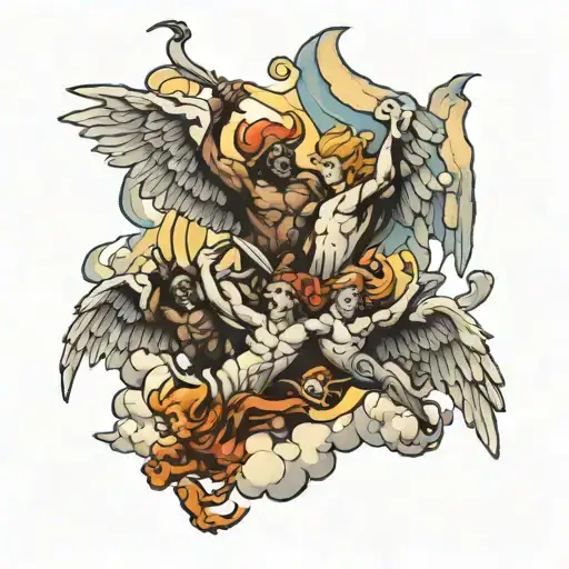 multiple  angels and demons fighting in clouds  tattoo design idea
