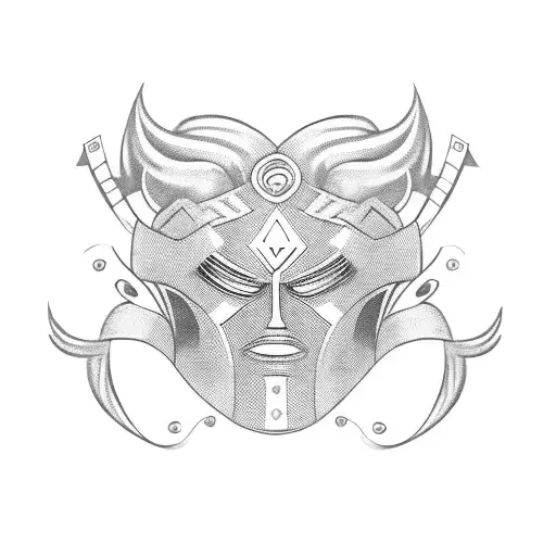 blonde beautiful woman wearing a luchador mask with a  ♋️  logo in the middle  tattoo design idea