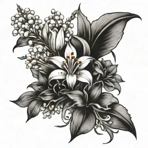 flower bouquet lily of the valley tulip sunflower lily   tattoo design idea