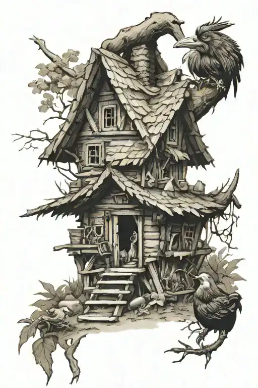 baba yaga hut with chiken tattoo design idea