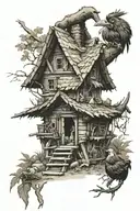 baba yaga hut with chiken tattoo design idea