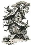 baba yaga hut with chiken tattoo design idea