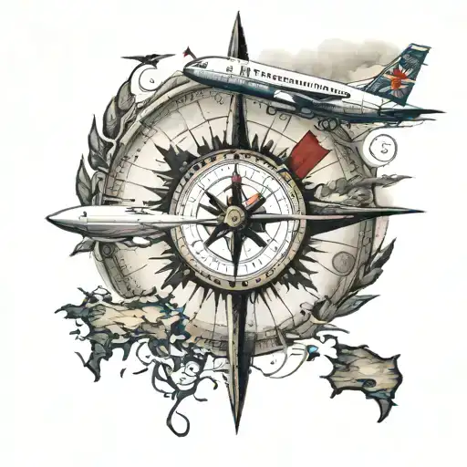 airplane flying in Canada with a compass pointing at important family dates, Canadian flag somewhere tattoo design idea