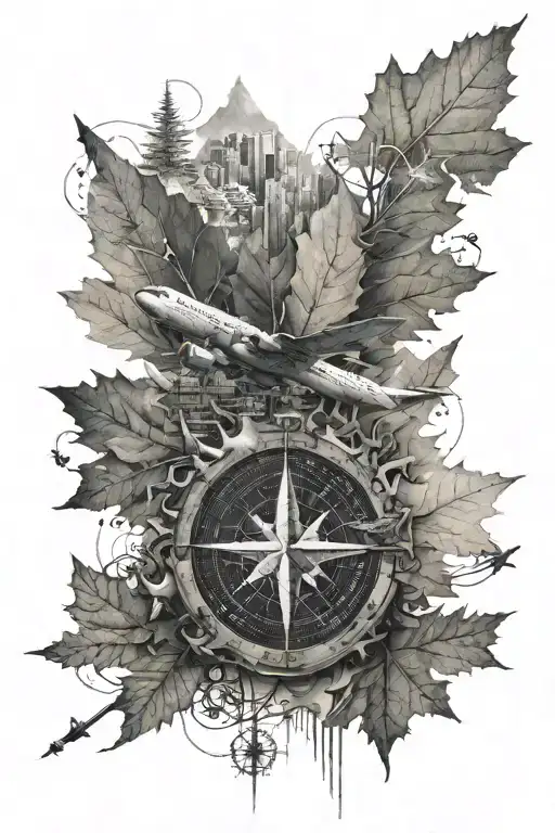 plane flying in the sky, shape of Ontario Canada on the map in a maple leaf shape, compass arrows pointing 22, 24, 26 tattoo design idea