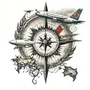 airplane flying in Canada with a compass pointing at important family dates, Canadian flag somewhere tattoo design idea
