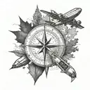airplane flying in Canada with a compass pointing at important family dates, Canadian flag somewhere tattoo design idea