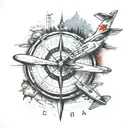 airplane flying in Canada with a compass pointing at important family dates, Canadian flag somewhere tattoo design idea